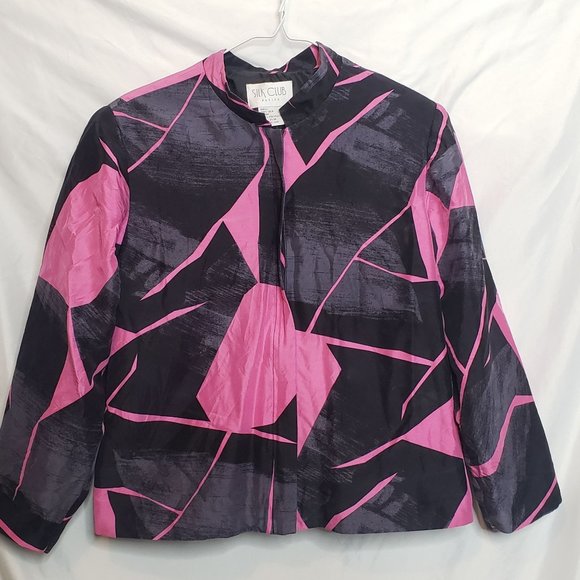 Vintage Silk Cropped Jacket Zip Up Silk Club Petite Medium Black Pink Gray - Picture 1 of 5